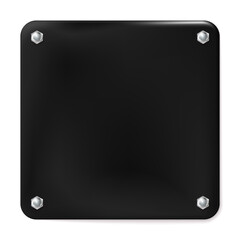 Obraz premium Black square painted plate with screws isolated on white background. Style for graphic and web design, label, template. Vector illustration