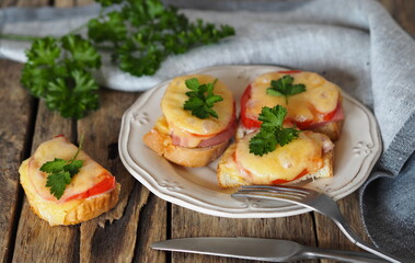 Hot homemade sandwiches with sausage, tomatoes and cheese for two.Natural healthy food.