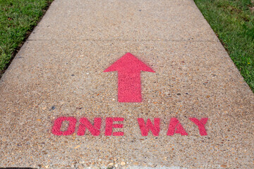 Spray painted one way direction sign on a sidewalk lined with grass.