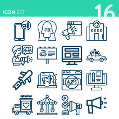 Simple set of 16 icons related to publicity