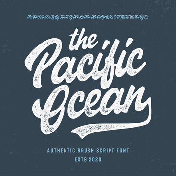  Original Brush Script Font " The Pacific Ocean ". Retro Typeface. Vector Illustration.