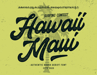  Original Brush Script Font " Hawaii Maui ". Retro Typeface. Vector Illustration.