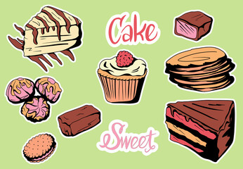 Set of colorful delicious slices of cakes, slices of pies and other baking desserts