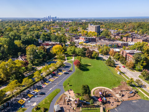 Aerial view of Black Excellence mural Celebrating Black Northeast Ohioans, Coventry Village and Downtown Cleveland
