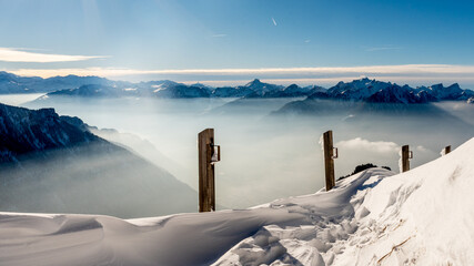 Fototapeta na wymiar Winter mountain landscape with snow. Rochers-De-Naye in Switzerland.