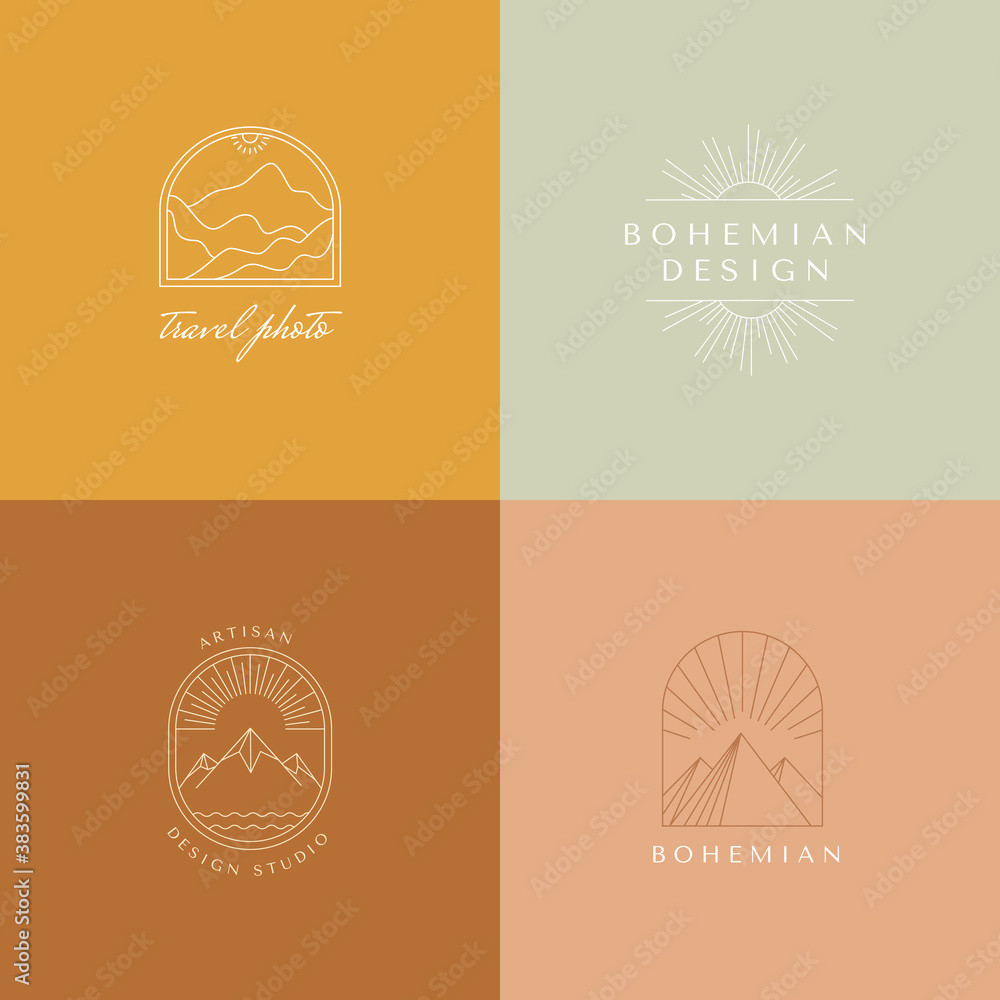 Poster Vector set of linear boho icons and symbols - sun logo design templates  - abstract design elements for decoration in modern minimalist style