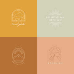 Vector set of linear boho icons and symbols - sun logo design templates  - abstract design elements for decoration in modern minimalist style © venimo
