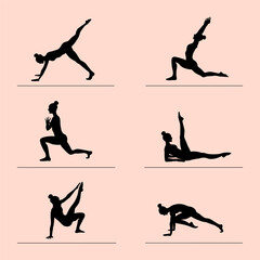 Young woman is exercising. Black silhouettes of 6 exercises. Vector illustration