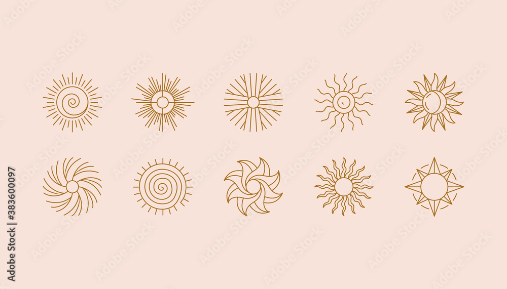 Poster Vector set of linear boho icons and symbols - sun logo design templates  - abstract design elements for decoration in modern minimalist style for social media posts