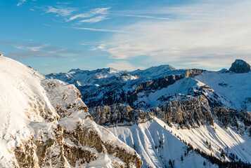 Snow covered mountains. Rochers-De-Naye in Switzerland.