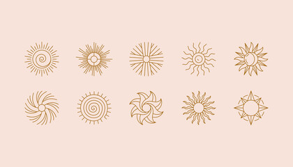 Vector set of linear boho icons and symbols - sun logo design templates  - abstract design elements for decoration in modern minimalist style for social media posts