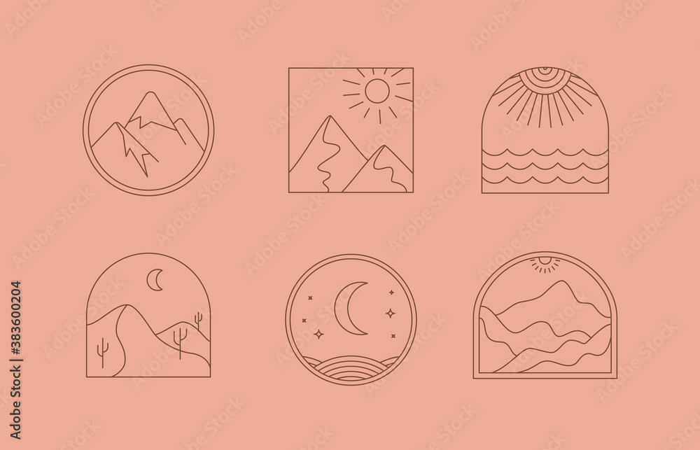 Poster Vector set of linear boho icons and symbols - sun logo design templates  - abstract design elements for decoration in modern minimalist style for social media posts