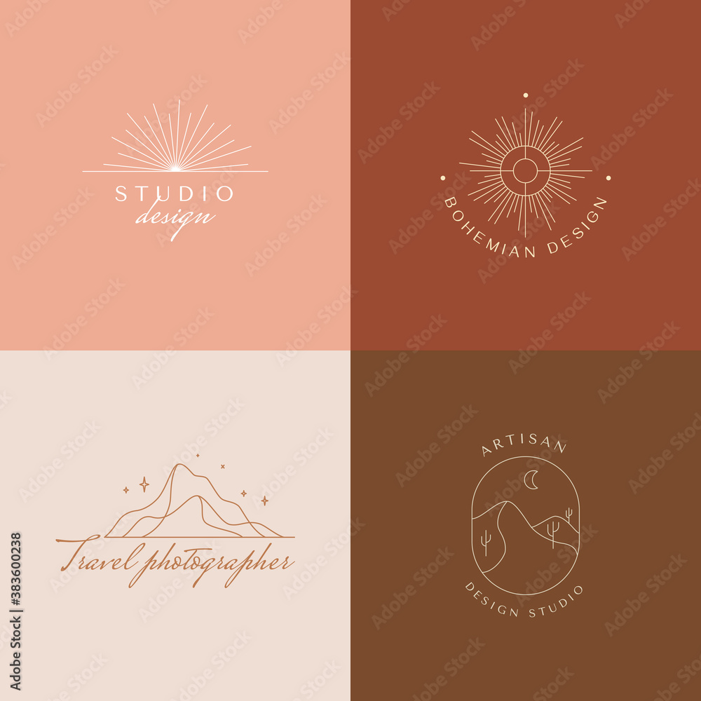 Poster Vector set of linear boho icons and symbols - sun logo design templates  - abstract design elements for decoration in modern minimalist style