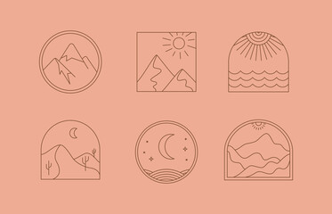Vector set of linear boho icons and symbols - sun logo design templates  - abstract design elements for decoration in modern minimalist style for social media posts