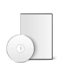 Vector 3d Realistic Blank White CD, DVD with Cover Case Box Set Closeup Isolated on White Background. Design Template. CD Packaging Copy Space. Front View