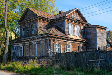Landscape with the image of a vintage houses in Ostashkov town in Russia