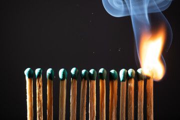 Line of matches without distance where they are lit one by one spreading the fire. COVID-19 spreads the same if there is not enough distance between people