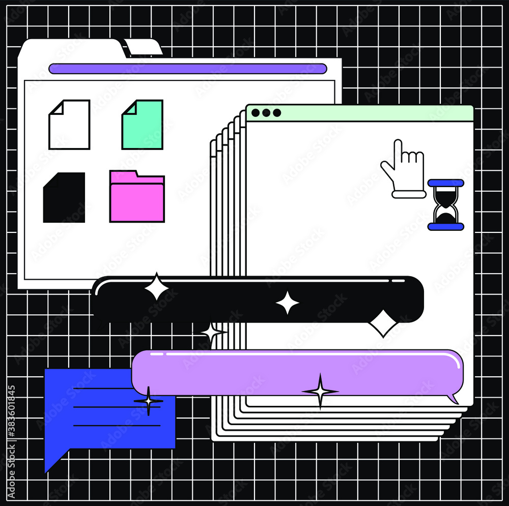 Poster collage of user interface elements. cyberpunk and vaporwave aesthetics of 80's.