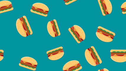 pattern of burgers on a blue background, vector illustration. delicious fast food. decoration of kitchen decor. colored burgers with juicy filling of meat, herbs and cheese for fast food