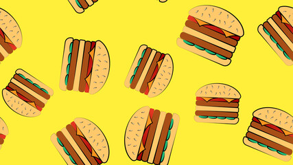 pattern of burgers on a yellow bright background, vector illustration. delicious fast food. decoration of fast food restaurant decor. juicy filling with meat and cheese. double burger to satisfy