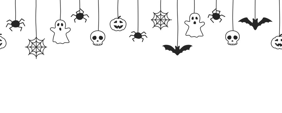 Happy Halloween seamless banner or border with black bats, spider web, ghost  and pumpkins. Vector illustration party invitation white background