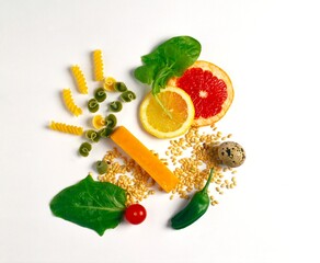 top view of pasta ingredients on white background