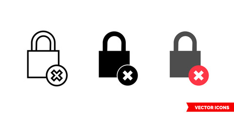 Delete lock icon of 3 types color, black and white, outline. Isolated vector sign symbol.