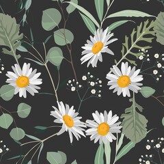 Seamless pattern of Eucalyptus  fern herbs and daisy flowers, foliage natural branches seamless pattern on dark background.