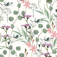 Seamless pattern of Eucalyptus  fern herbs and wild flowers, foliage natural branches seamless pattern.