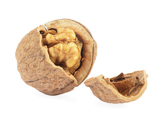 Walnuts isolated on a white background. Delicious walnuts. Cracked walnut.