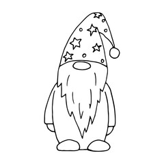 Cute gnome with a beard and a hat with stars, isolated on a white background.