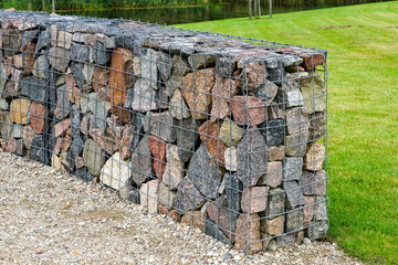 environmental object, gabion fence wall from steel mesh with stones