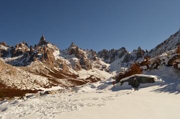 Hiking in the snowy mountains around San Carlos de Bariloche and San Martin de los Andes in...