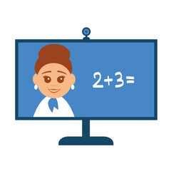 Online math lesson. Distance learning during quarantine. Woman teacher and chalkboard on the computer screen. Vector flat illustration.