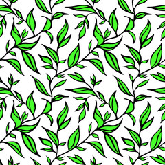 Black ink leaves hand drawn vector seamless pattern. Grunge freehand plant branches on white background. Botanical textile print, wallpaper, wrapping design