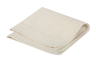 Burlap kitchen towel isolated on white.Beige folded napkin,tablecloth.