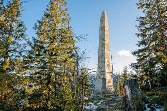 Stone monument of Adalbert Stifter at the Pl&ouml;ckenstein (Plechy) mountain above Plesne Lake in the Bohemian Forest, Sumava national park, Nova Pec, Czech Republic