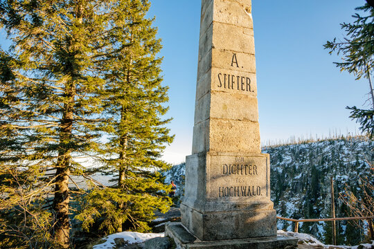 Stone monument of Adalbert Stifter at the Plöckenstein (Plechy) mountain above Plesne Lake in the Bohemian Forest, Sumava national park, Nova Pec, Czech Republic