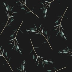 Seamless pattern of Eucalyptus different tree, foliage natural branches seamless pattern on black background.