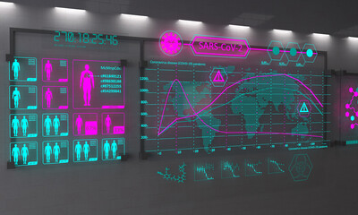 Coronavirus disease (COVID-19) pandemic. Colorful digital graph of virus infection in the world. Light panel on the wall. 3D illustration
