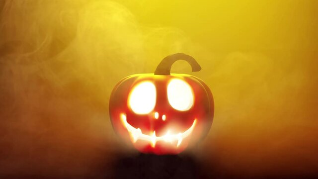 Halloween Pumpkin enlighted with candle lantern in yellow orange smoky atmosphere. Scary smiling face in 3D animation loop footage in 4K with copy space for celebrate Halloween holiday.