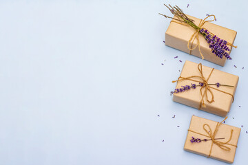 Zero waste gift concept with craft boxes and fragrant fresh lavender