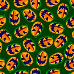 Funny and spooky halloween pumpkins vector seamless pattern. Smiling colorful pumpkins with sharp teeth isolated on khaki  green pattern. Cartoon halloween seamless pattern for printing. One of series