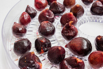 Fig. Small purple berries. On drying trays. Browned, pre-boiled for a few minutes. Drying process. The preparation of wholesome snacks.