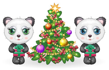 Couple Cute cartoon panda bear with big eyes with a gift near the Christmas tree, a boy and a girl, greeting card