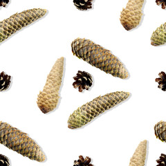 Christmas seamless pattern. Pine and fir cones isolated on a white background