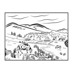 Black sketch cow farm landscape poster with cow grazing in a meadow next to mountains