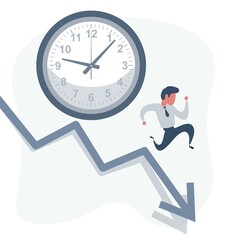 Concept of missing deadline, bad time management. Scene of tired, nervous, stressed male at work. Sad businessman running away from a big clock . Big fail. Flat vector cartoon illustration