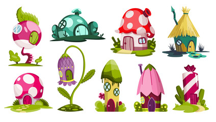 Set of fairytale houses. Collection of cartoon houses in the shape of candy, flower or mushrooms. Colorful illustration of housing for fairytale characters. Vector on white background