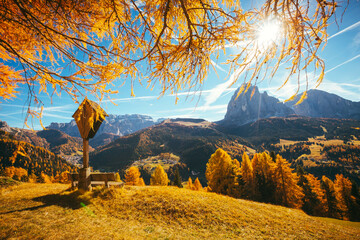 Splendid autumn landscape in Val Gardena. Location Dolomites, Trentino Alto Adige, Italy, Europe.